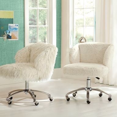 Ivory Sherpa Faux-Fur Wingback Swivel Desk Chair - Image 3