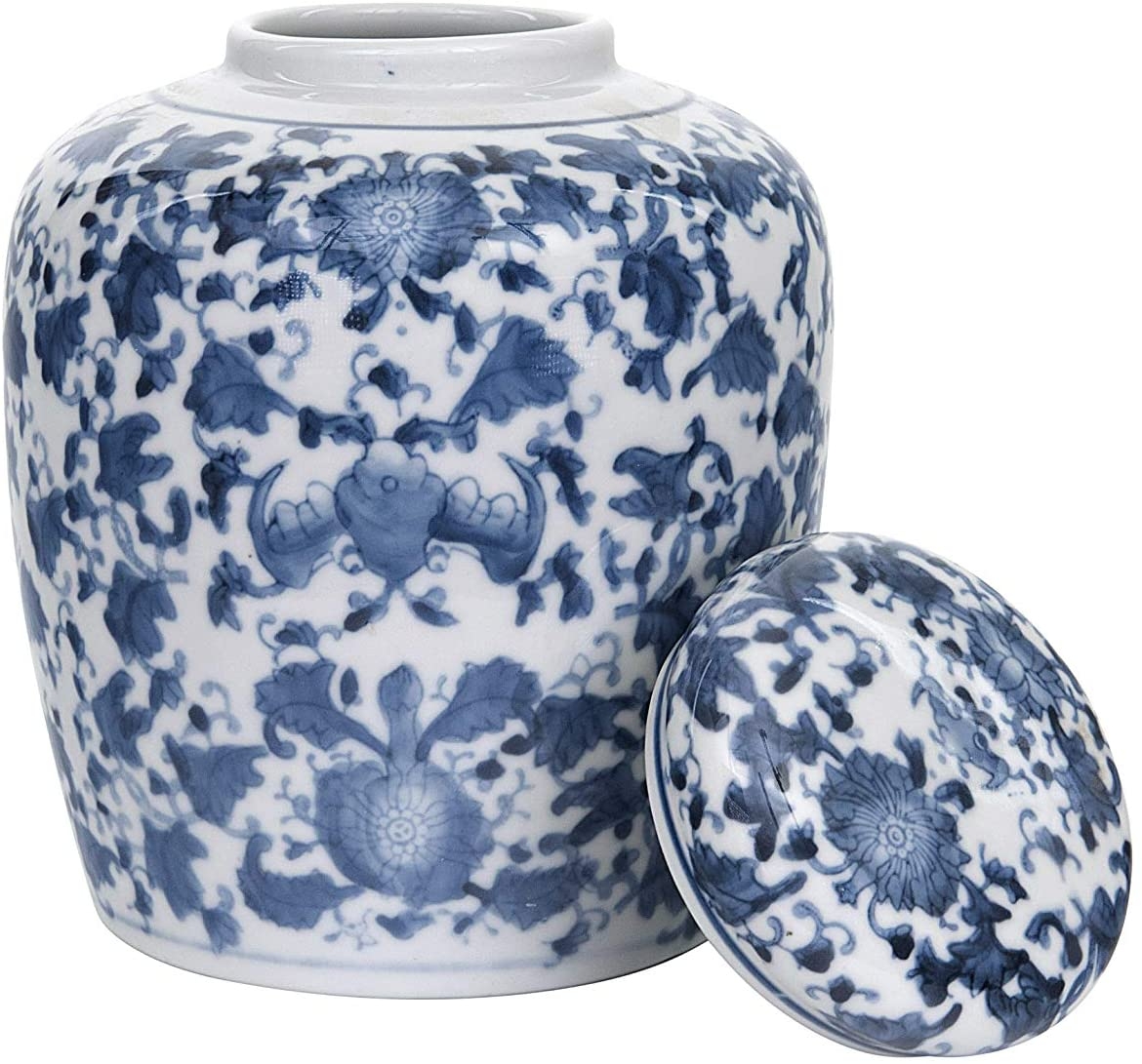 Decorative Blue and White Ceramic Ginger Jar with Lid - Image 1