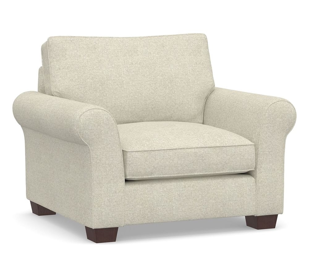 PB Comfort Roll Arm Upholstered Grand Armchair 45", Box Edge Down Blend Wrapped Cushions, Performance Heathered Basketweave Alabaster White - Image 0