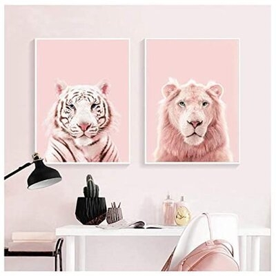 Pink Panther Prints Lion Tiger Art Poster Nursery Wild Animals Blush Pink Pastel Wall Art Canvas Painting Kids Room Wall Decor - Image 0