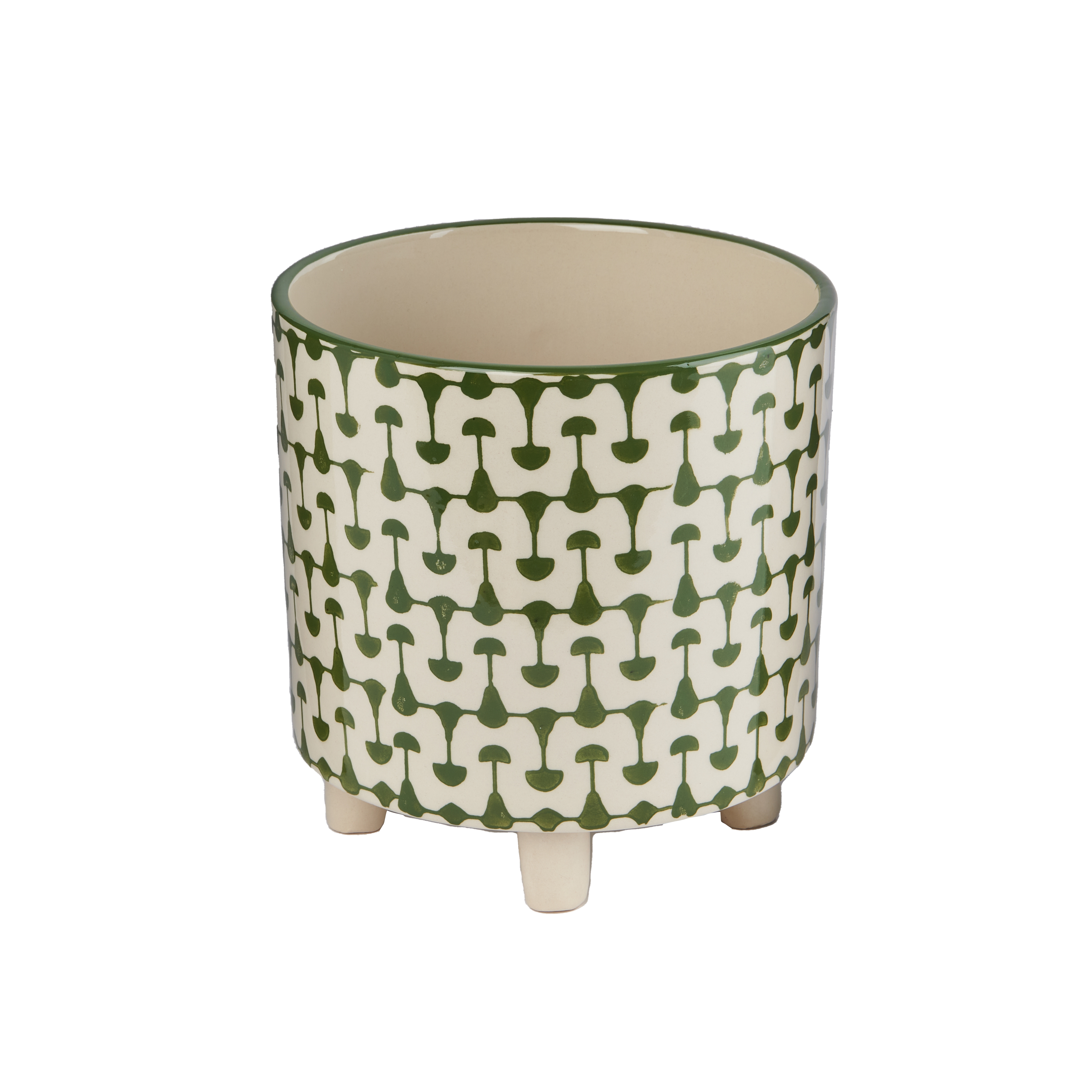 Footed Stoneware Planter with Abstract Print, Green and White - Image 0