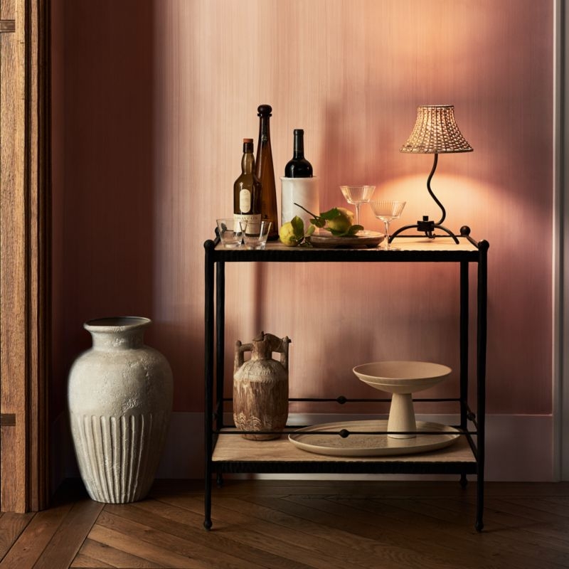 Bibelot Wavy Black Metal Mini Table Lamp with Rattan Shade by Athena Calderone 15.6" - Image 1