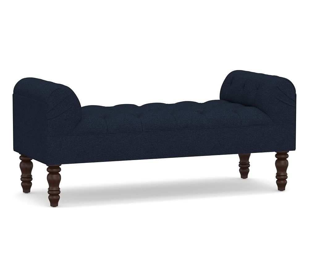 Lorraine Upholstered Tufted Bench, Performance Heathered Basketweave Navy - Image 0