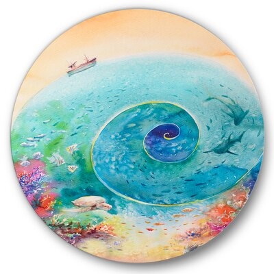 Turquoise Ocean Spiral With Coral Reef Fishes - Nautical & Coastal Metal Circle Wall Art - Image 0
