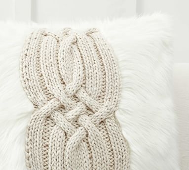 Cable Knit Faux Fur Pillow Cover, 26 x 26", Ivory - Image 1