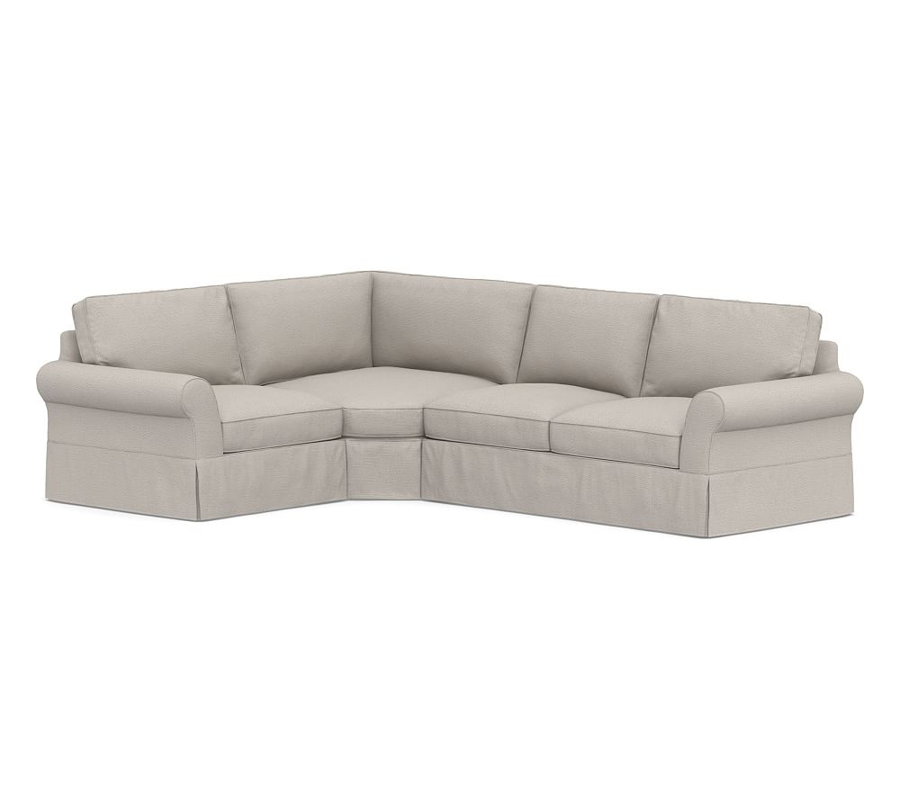 PB Comfort Roll Arm Slipcovered Right Arm 3-Piece Wedge Sectional, Box Edge, Memory Foam Cushions, Chunky Basketweave Stone - Image 0
