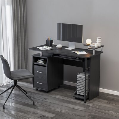 Solid Wood Computer Desk,Office Table With PC Droller, Storage Shelves And File Cabinet , Two Drawers, CPU Tray,A Shelf Used For Planting, Single - Image 0