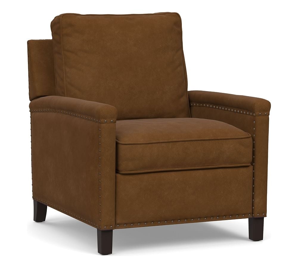Tyler Square Arm Leather Recliner with Oxidized Satin Brass Nailheads, Down Blend Wrapped Cushions, Aviator Umber - Image 0