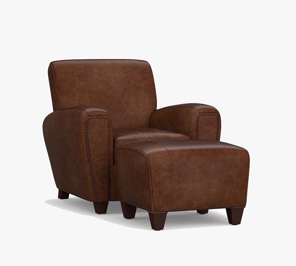 Manhattan Square Arm Leather Armchair &amp; Ottoman with Bronze Nailheads, Polyester Wrapped Cushions, Vintage Cocoa - Image 0