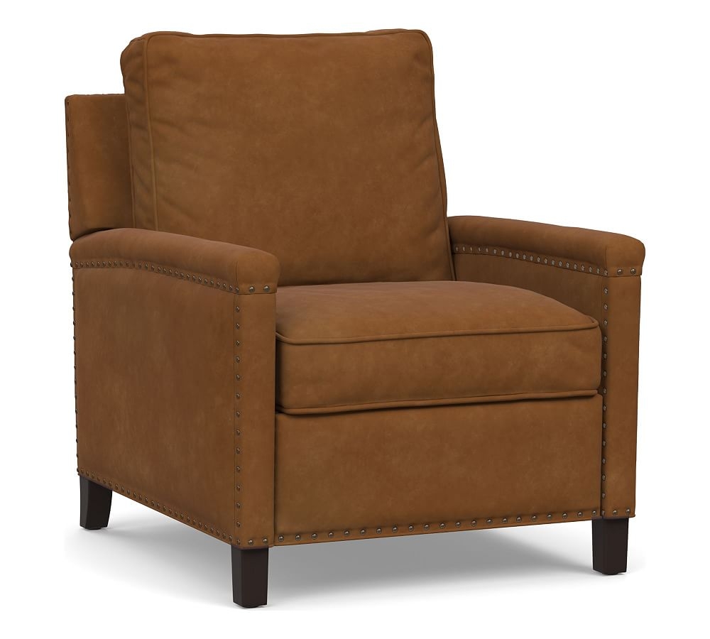 Tyler Square Arm Leather Recliner with Nailheads, Down Blend Wrapped Cushions, Nubuck Caramel - Image 0