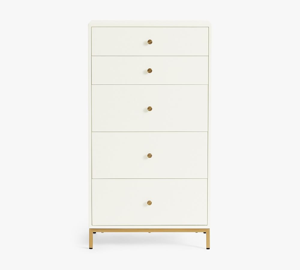Delaney 5-Drawer Tall Dresser, White/Brass - Image 1