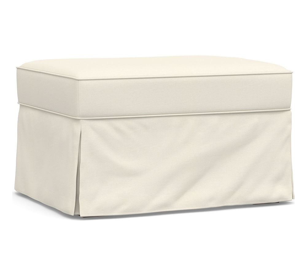 PB English Slipcovered Ottoman, Polyester Wrapped Cushions, Textured Twill Ivory - Image 0