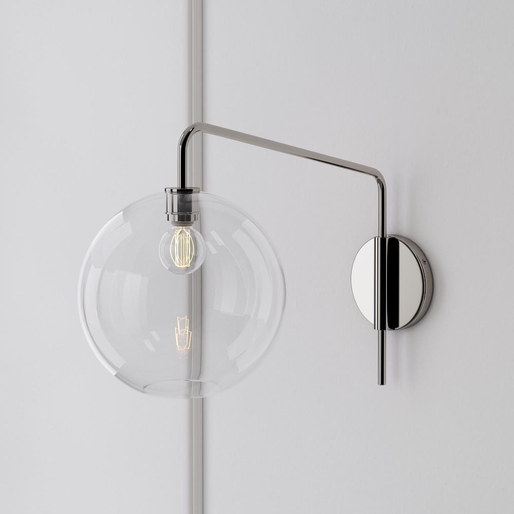 Sculptural Adjustable Sconce, Portable Convertible, Globe Medium, Clear, Polished Nickel, 10.5" - Image 0