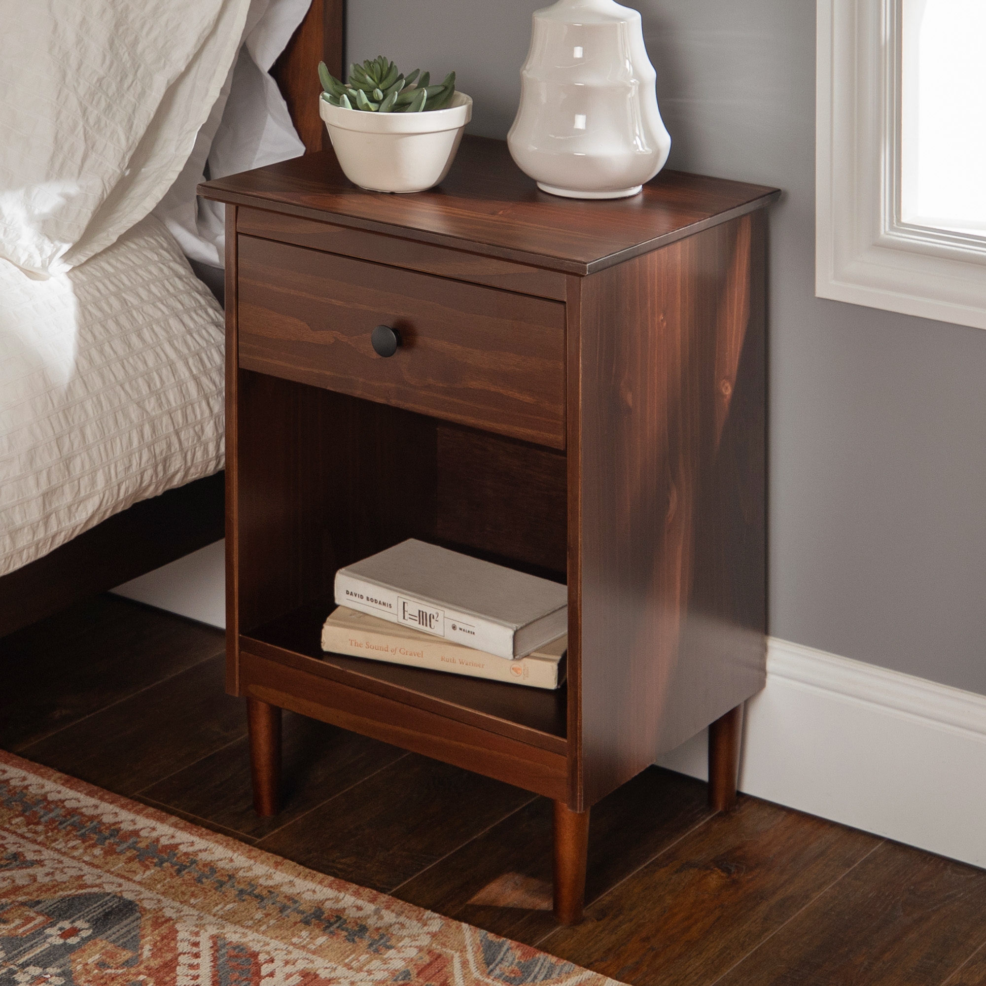 2 Piece, 1 Drawer Solid Wood Nightstands - Walnut - Image 6