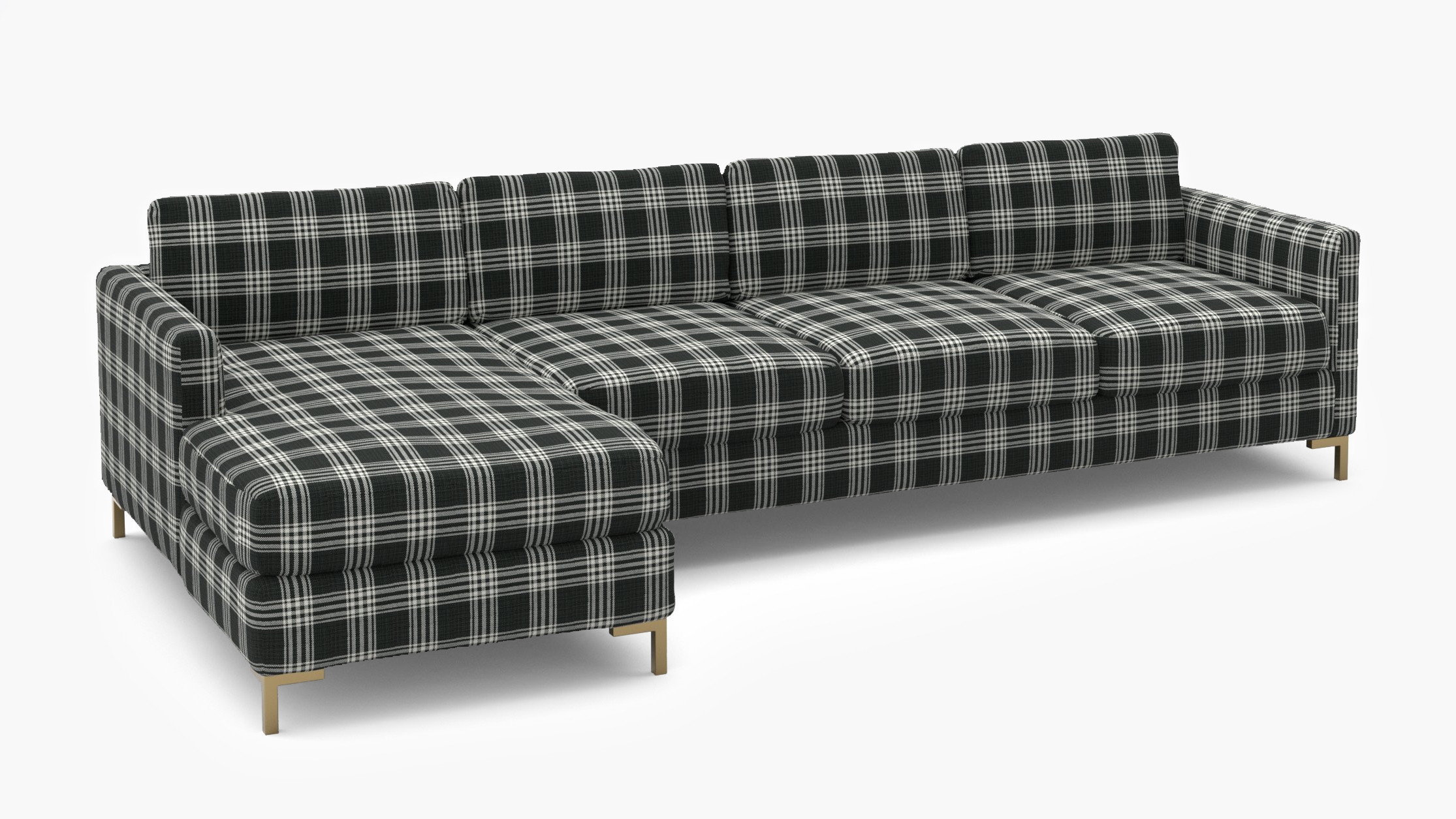 Modern Sectional, Left Facing, Barnegat Plaid, Brass L Leg - Image 1