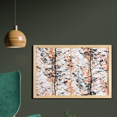 Ambesonne Modern Wall Art With Frame, Forest Illustration With Trees Silhouettes Branches Hand Drawn Print, Printed Fabric Poster For Bathroom Living Room Dorms, 35" X 23", Orange White Black - Image 0