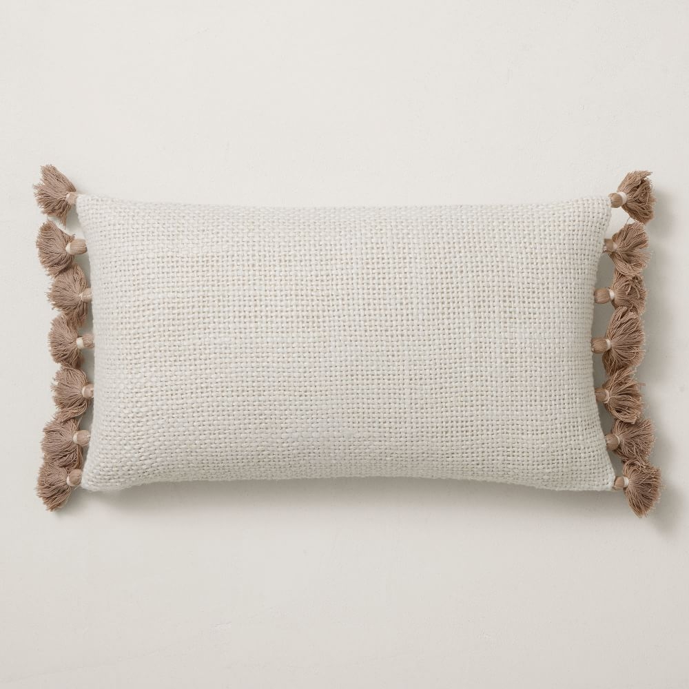Two Tone Chunky Linen Tassels Pillow Cover, 12"x21", White - Image 0
