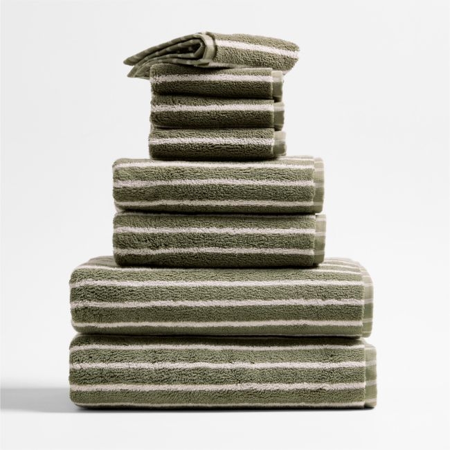 Organic Turkish Cotton Shadow Sage and Pampas Ivory Stripe Bath Towels, Set of 8 - Image 0