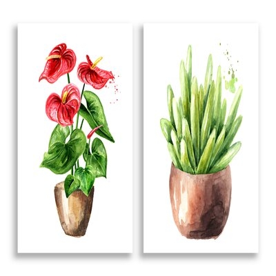 Anthurium Tailflower Or Flamingo Flower In The Pot II - 2 Piece Wrapped Canvas Painting Set - Image 0