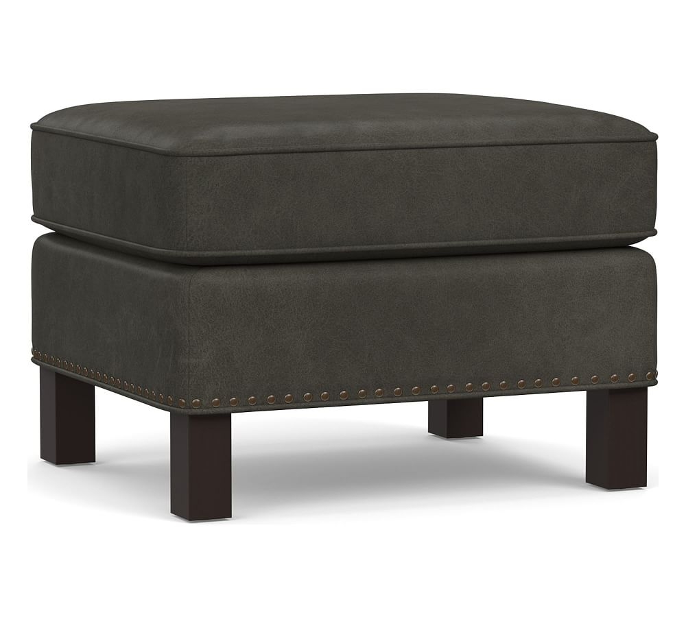 Tyler Leather Ottoman with Nailheads, Polyester Wrapped Cushions Churchfield Ebony - Image 0