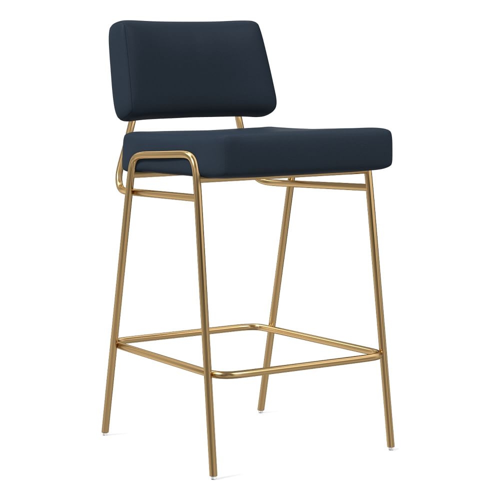 Wire Frame Counter Stool, Sierra Leather, Blue, Antique Brass - Image 0