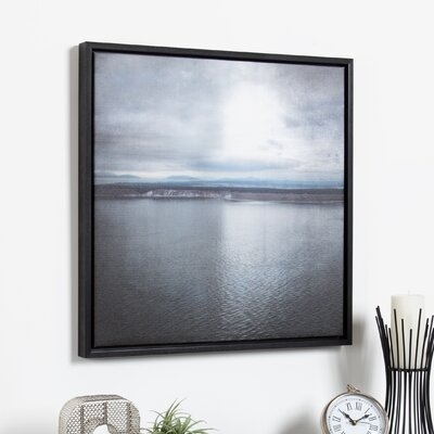 'Serene Coastal Scene with Mountains and Overcast Sky' Framed Photographic Print on Canvas - Image 0