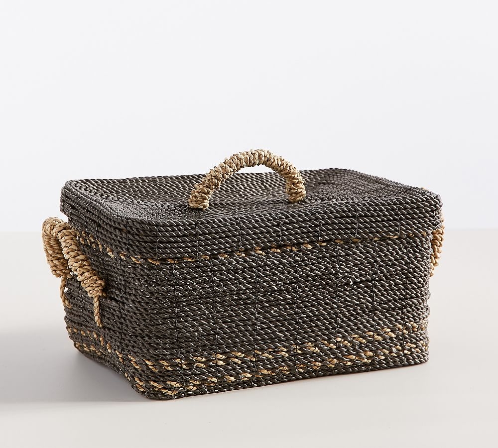 Asher Lidded Seagrass Basket, Charcoal/natural - Image 0