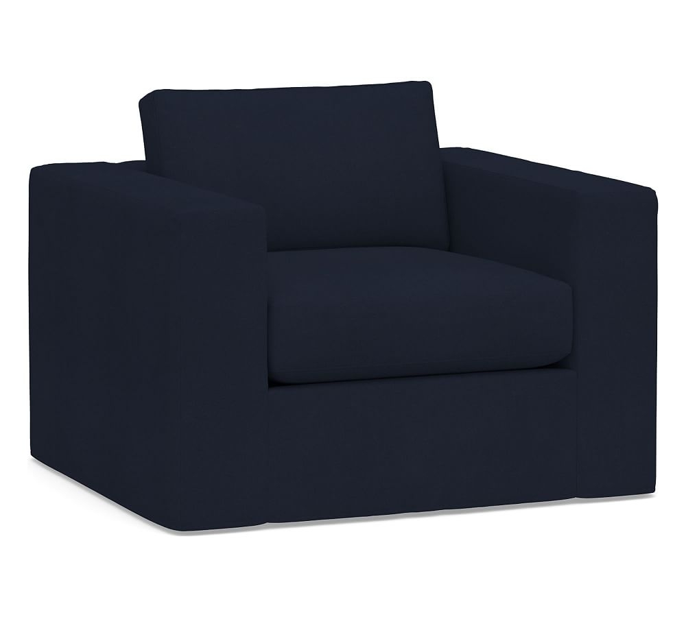 Carmel Square Arm Slipcovered Swivel Armchair, Down Blend Wrapped Cushions, Twill Cadet Navy - Image 0