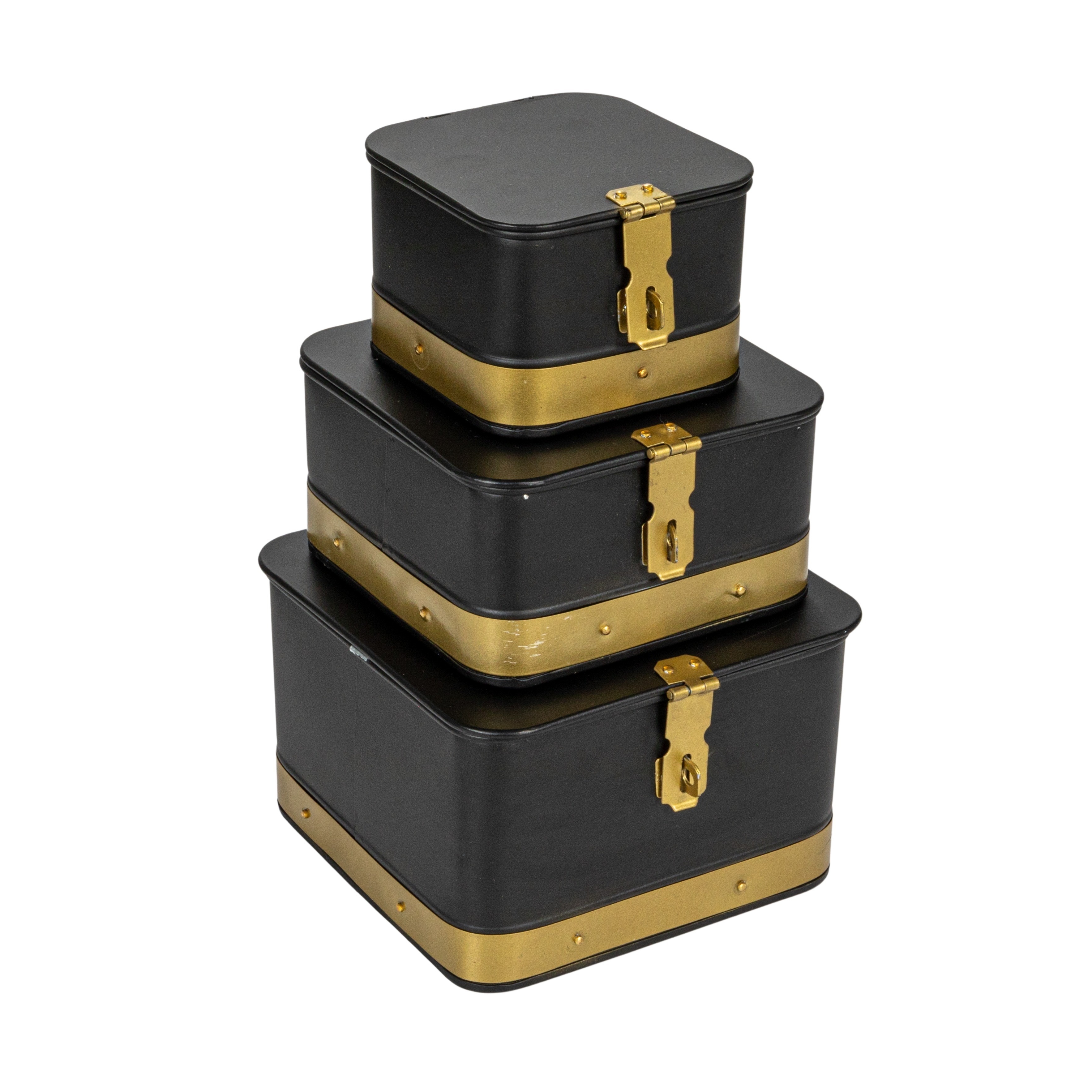 Decorative Metal Boxes with Lid, Black with Gold Band, Set of 3 - Image 0