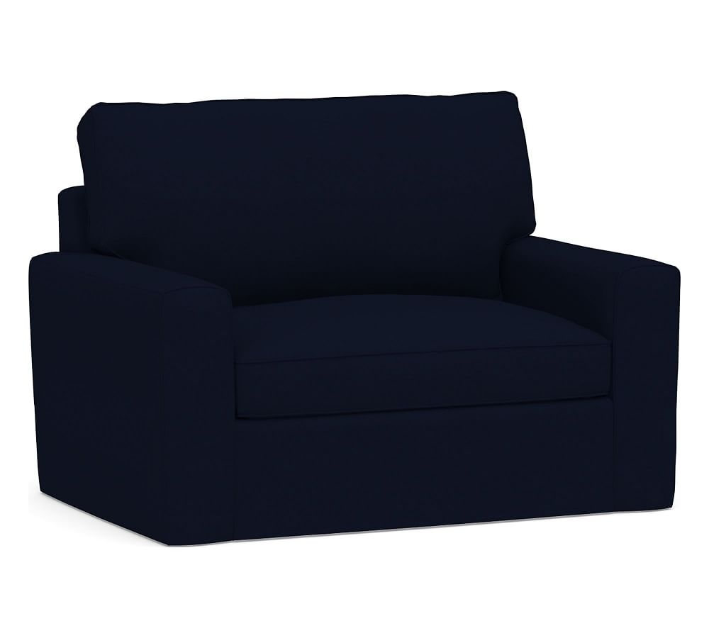 Pearce Square Arm Slipcovered Twin Sleeper Sofa, Polyester Wrapped Cushions, Performance Everydaylinen(TM) Navy - Image 0