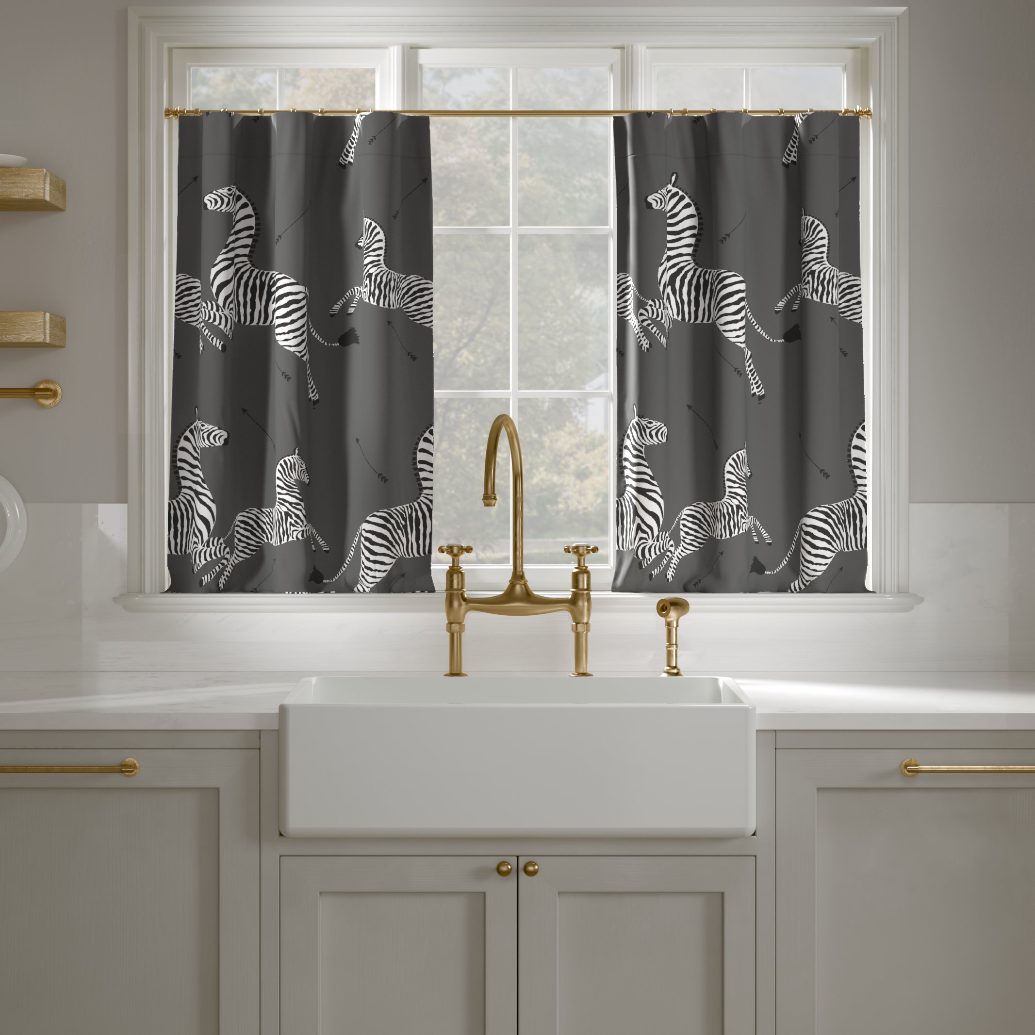 Printed Linen Café Curtain, Slate Zebra, 25" x 24", Privacy - Image 0