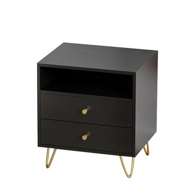 Black Nightstands Set Of 1 Bedside Table With Gold Metal Legs, End Table With 2 Drawers & Shelf For Bedroom - Image 0