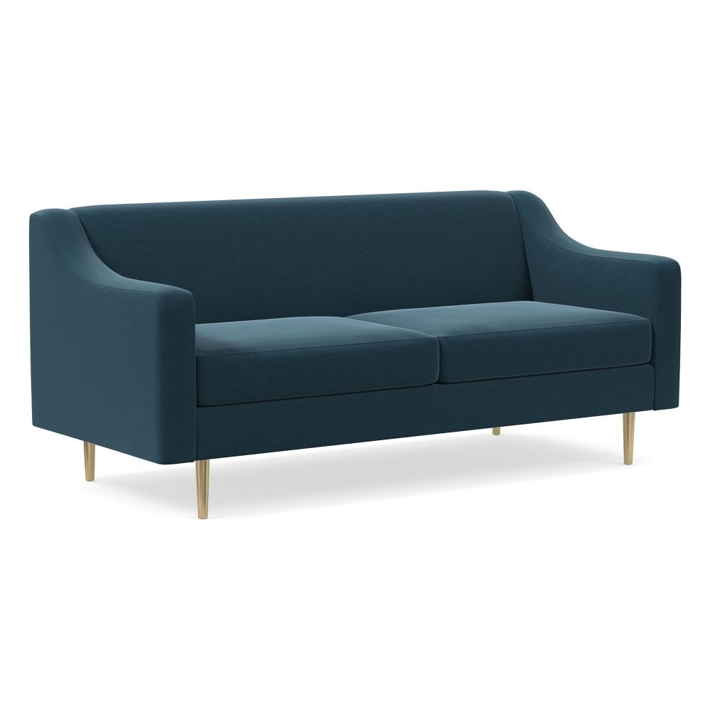 Olive 71" Swoop Arm Standard Back Sofa, Performance Velvet, Petrol, Brass - Image 0