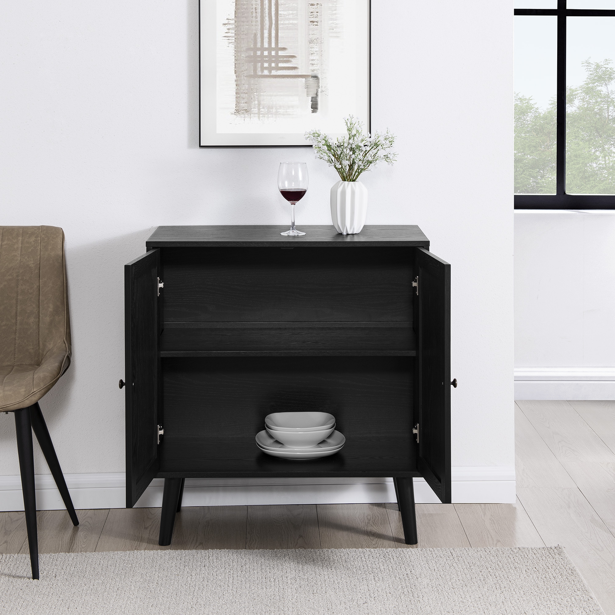 Boho 2 Door Solid Wood and Rattan Accent Cabinet – Black - Image 6