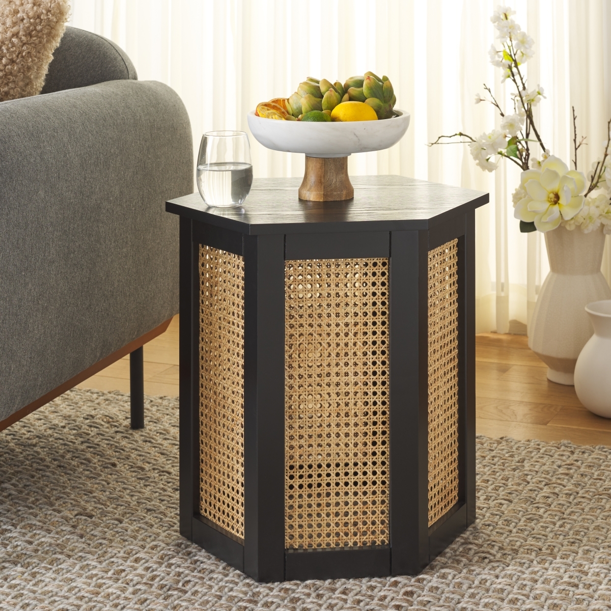 Danez Hexagon Cane Accent Table - Black / Natural - Safavieh - Image 1