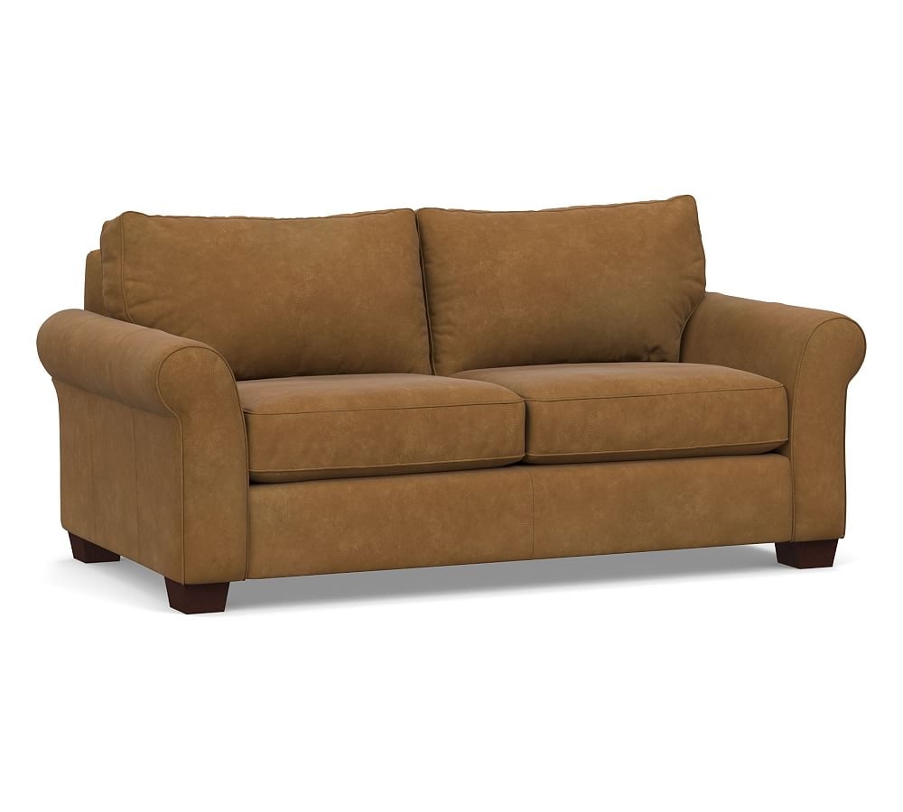 PB Comfort Roll Arm Leather Loveseat 68", Polyester Wrapped Cushions, Nubuck Camel - Image 0