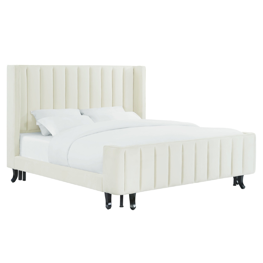 Victoria Modern Classic Ivory Velvet Upholstered Channel Tufted Bed - King - Image 1