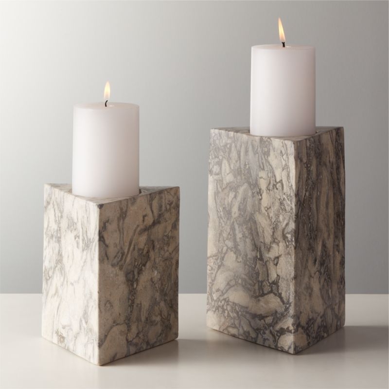 Trig Grey Marble Pillar Triangle Candle Holder Small - Image 1