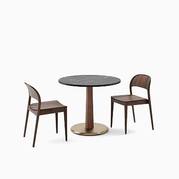 White Faux Marble Restaurant Dining Table, 30" Round, Claire Base, Blackened Brass, Walnut on Beech - Image 2
