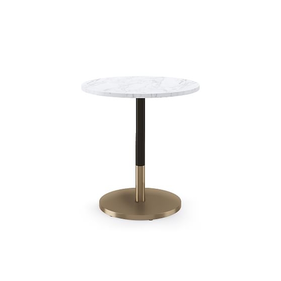 Restaurant Table:Top 30" Round:White Carrera Marble + Dining Ht Orbit Base: Bronze/Brass - Image 0