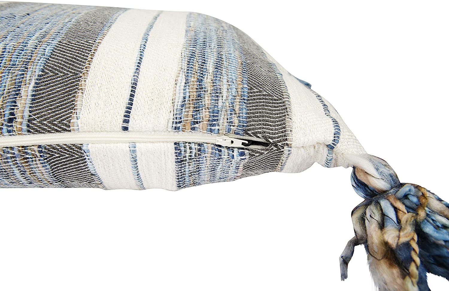 Blue, Grey & Cream Striped Cotton Blend Lumbar Pillow with Tassels - Image 3