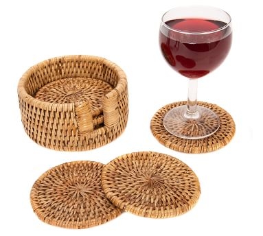 Tava Rattan Round Coasters with Holder - Light Natural - Image 2