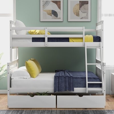 Twin Over Full Bunk Bed Ladder, Two Storage Drawers, Safety Guardrail, Gray - Image 0