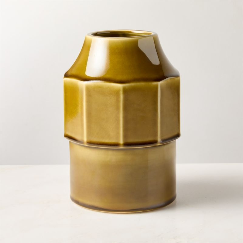 Miramar Paneled Olive Ceramic Vase with Reactive Glaze - Image 2