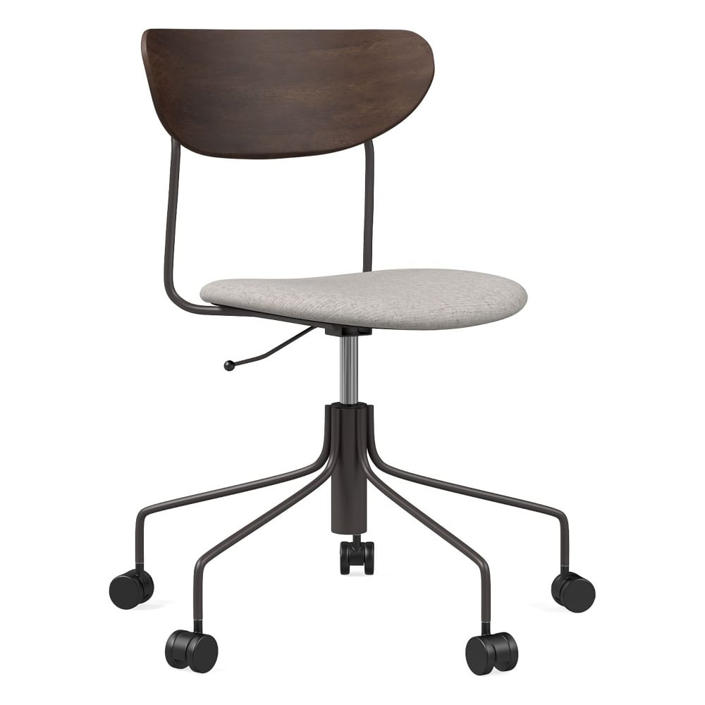 Modern Petal Wood & Upholstered Office Chair, Performance Coastal Linen, Pebble Stone, Dark Bronze - Image 0