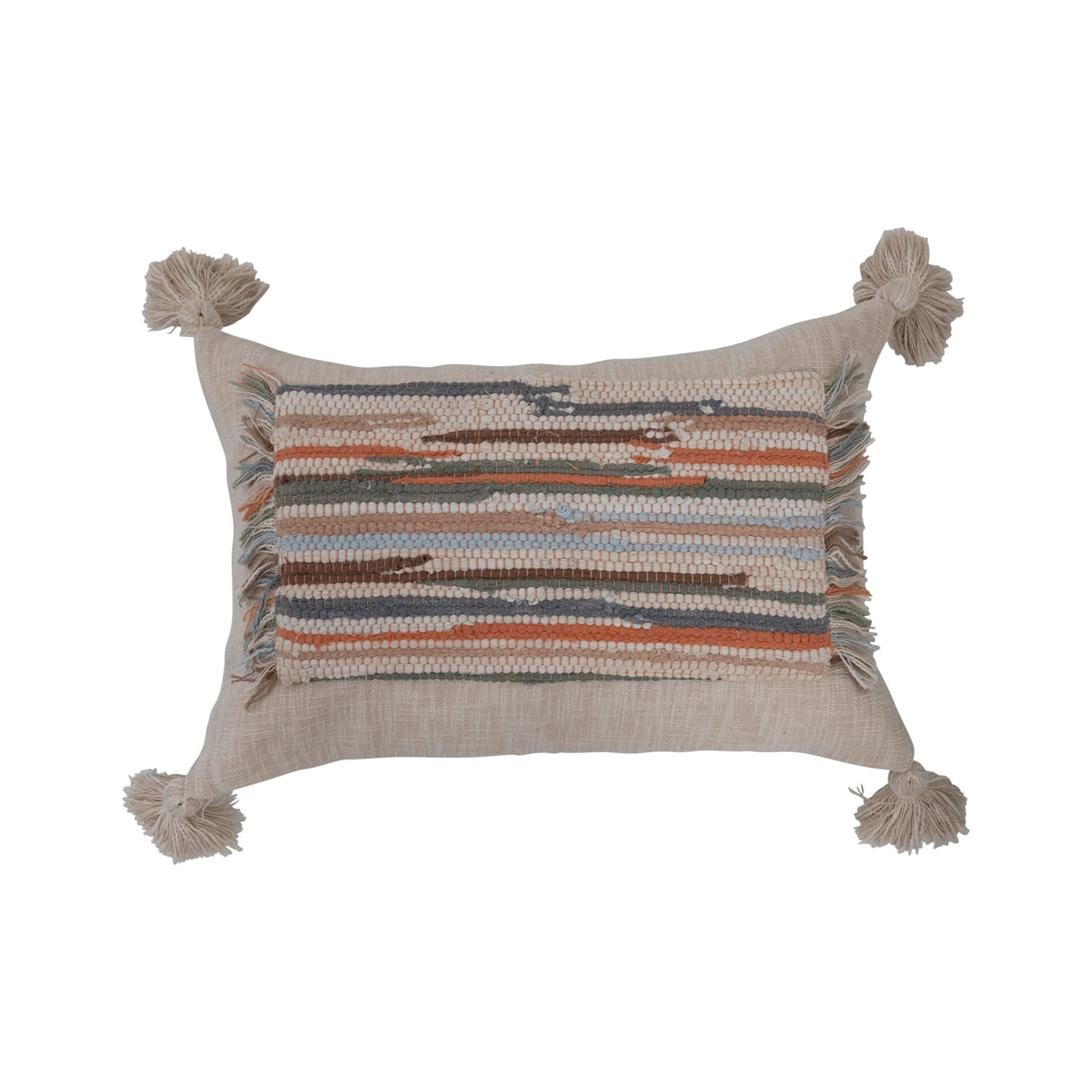 Woven Cotton Slub Lumbar Pillow with Applique, Fringe and Tassels - Image 0