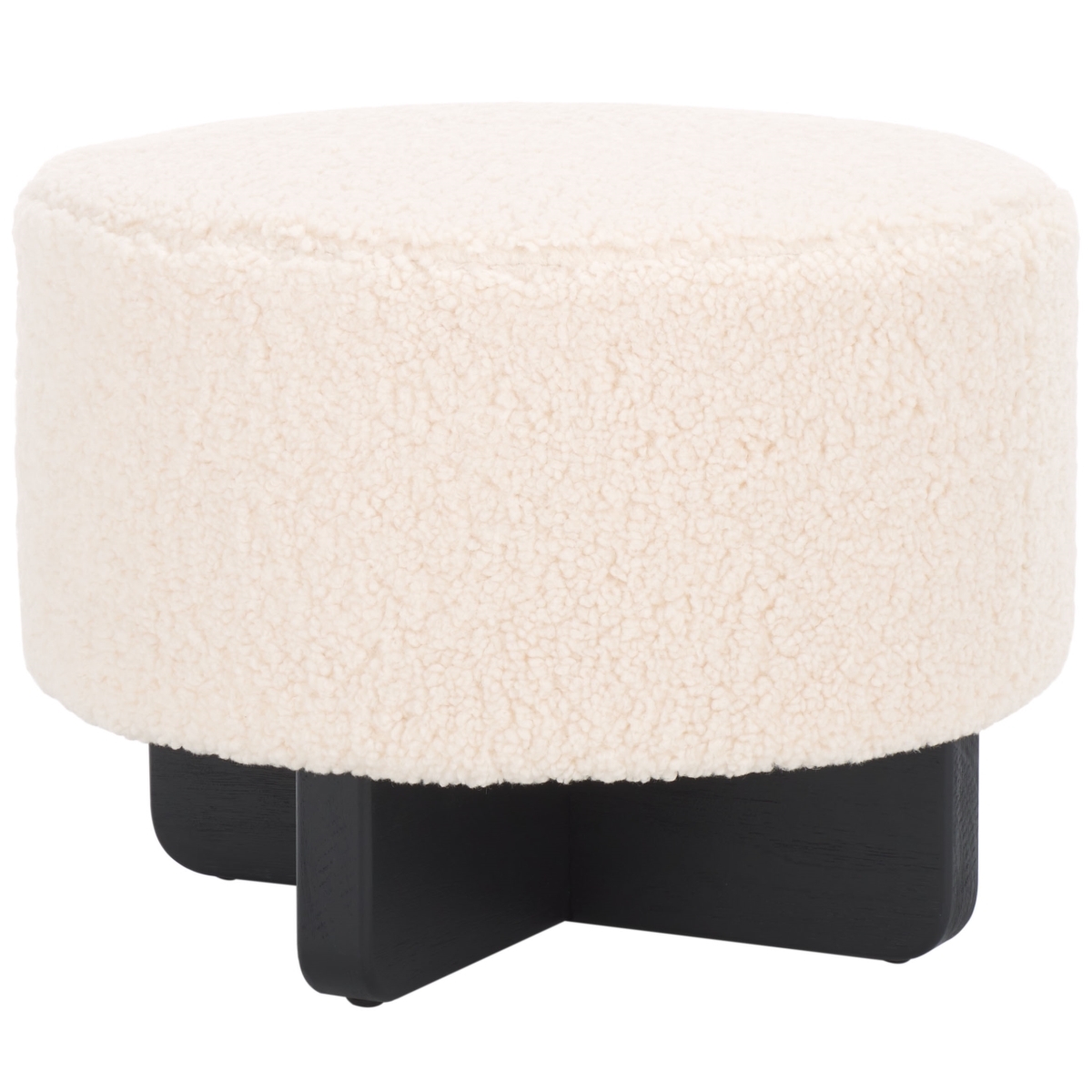 Riah Faux Shearling Round Ottoman - Off White / Black - Safavieh - Image 6