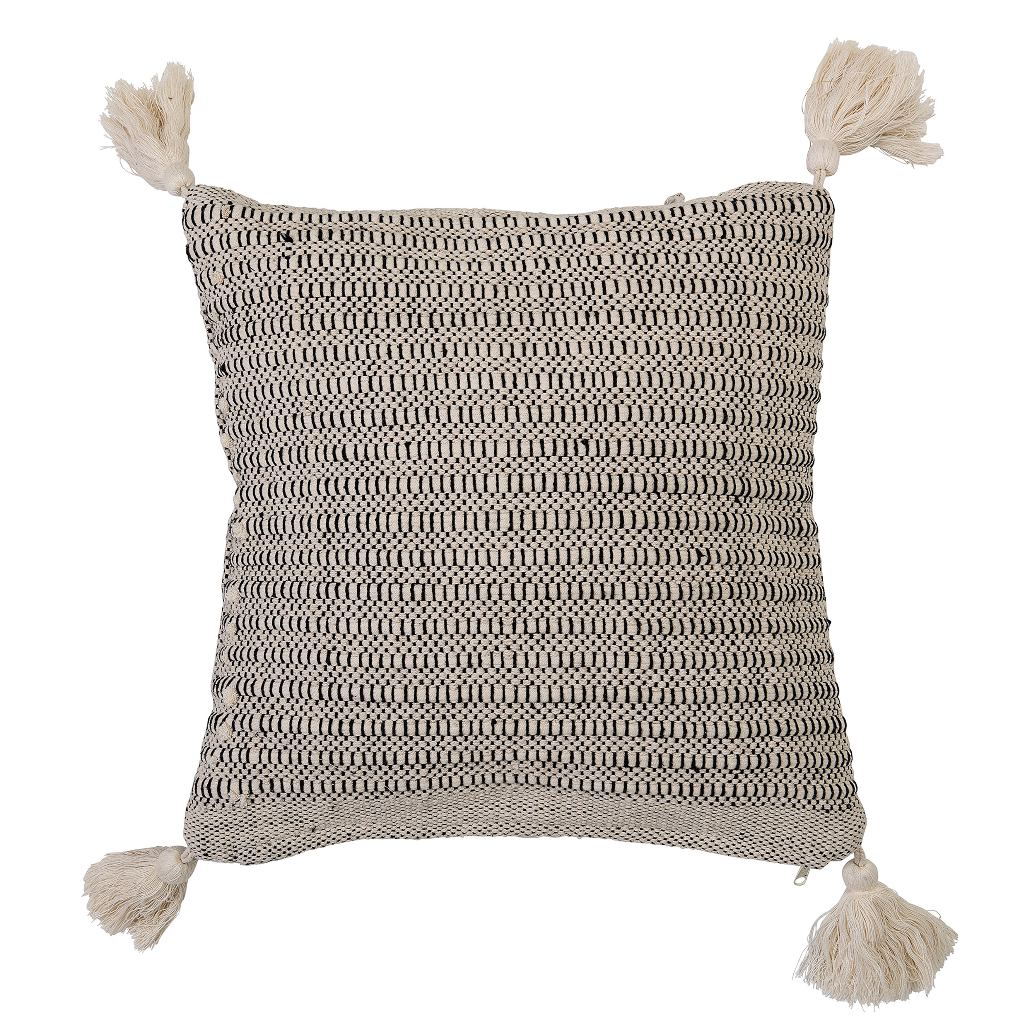 Square Pillow with Corner Tassels, Beige Cotton, 18" x 18" - Image 0