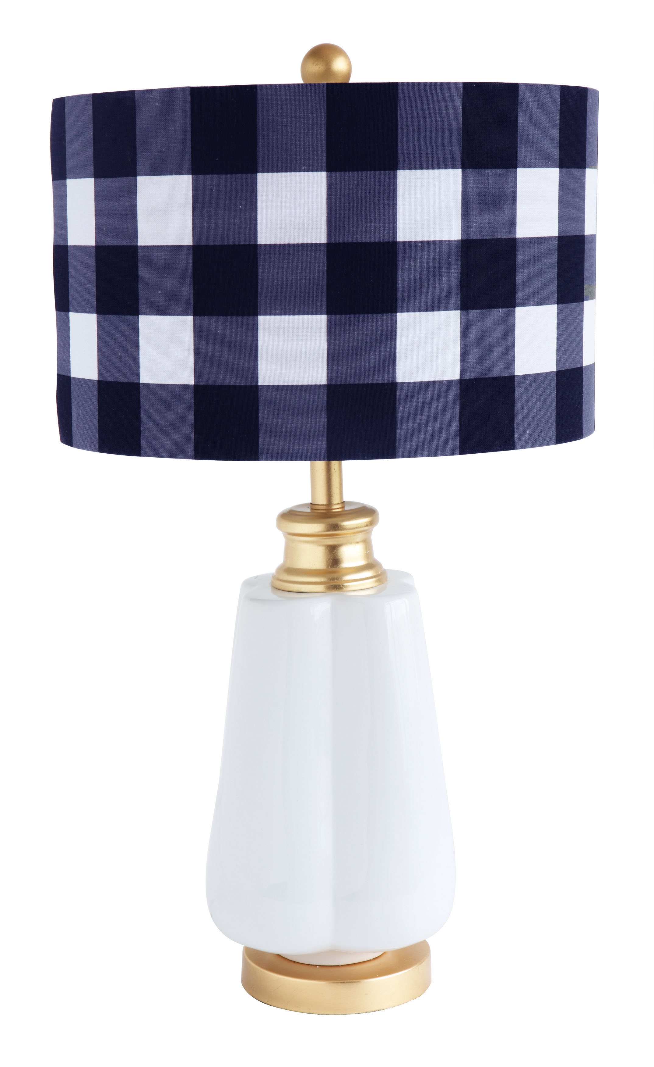 Ceramic Table Lamp with Gold Accents & Blue/White Gingham Linen Shade - Image 0