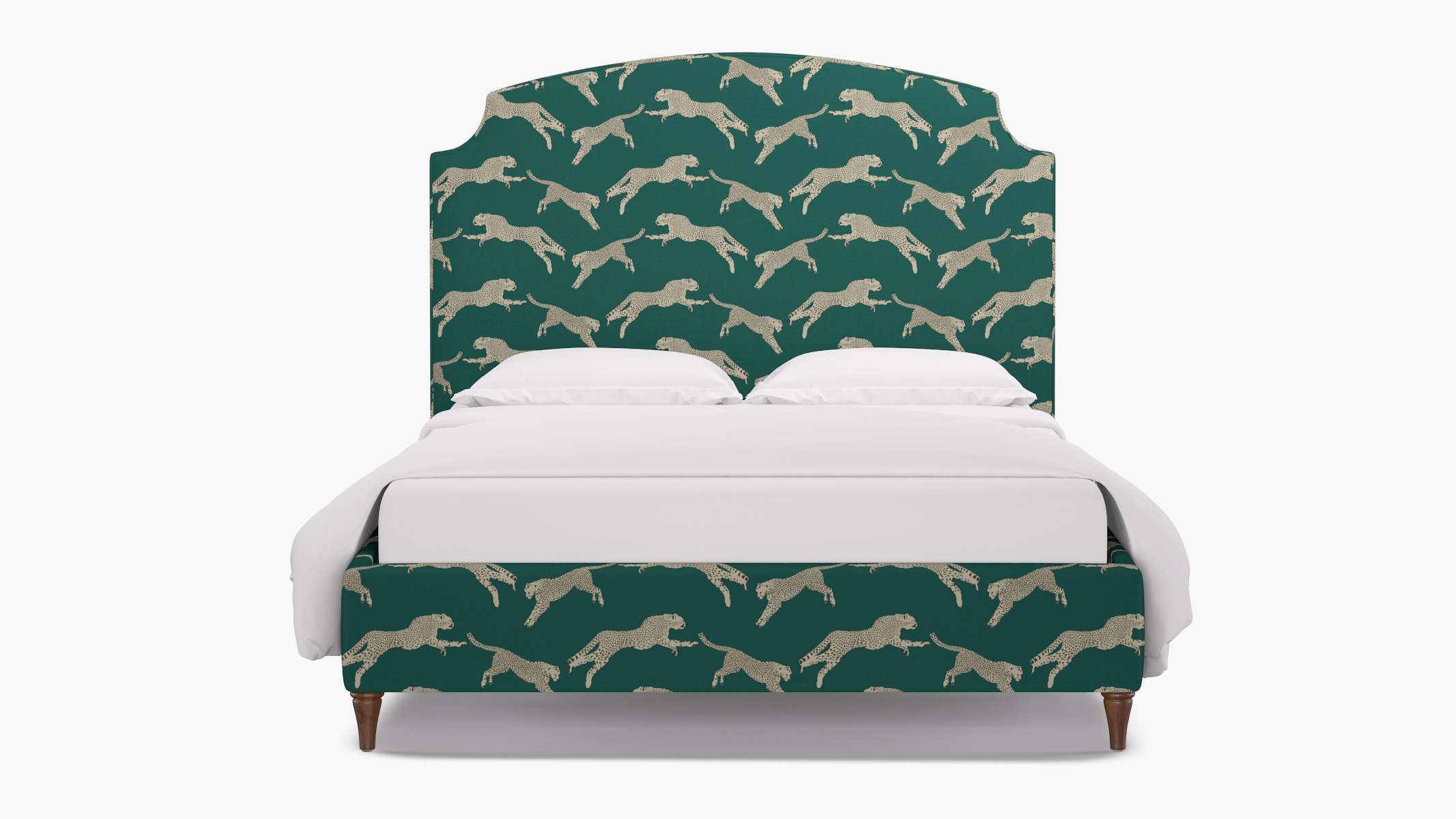 Cove Bed, Polo Green Cheetah, Walnut Decorative Tapered Leg, Queen - Image 0